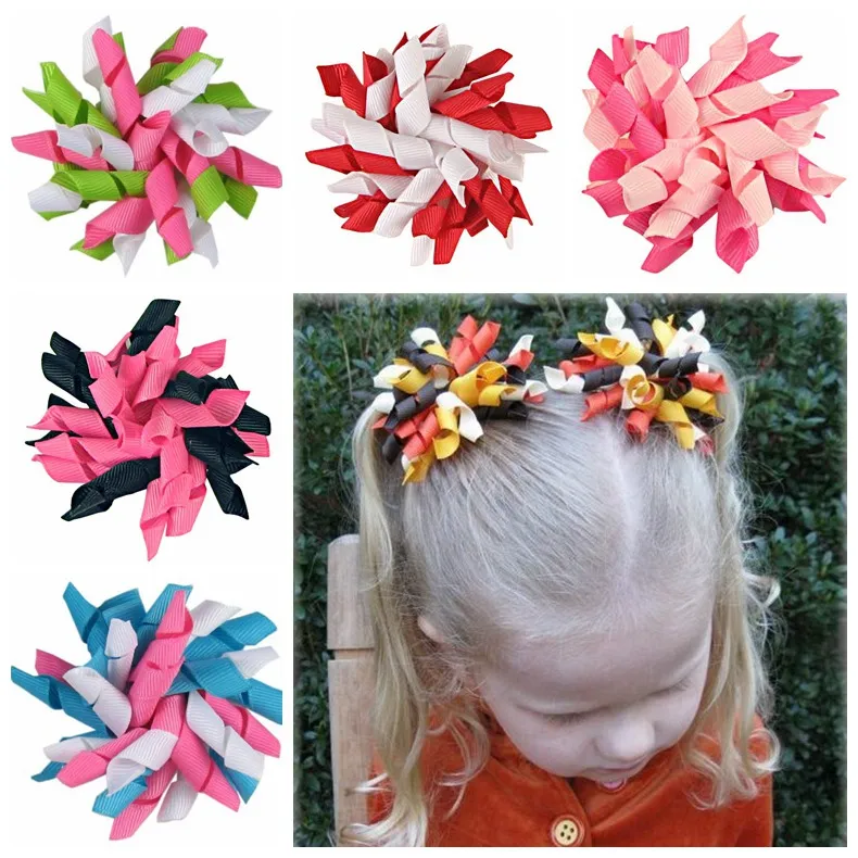 Childrens Curly Ribbon Hair Bows Clips Tassels Flowers Girl Corker